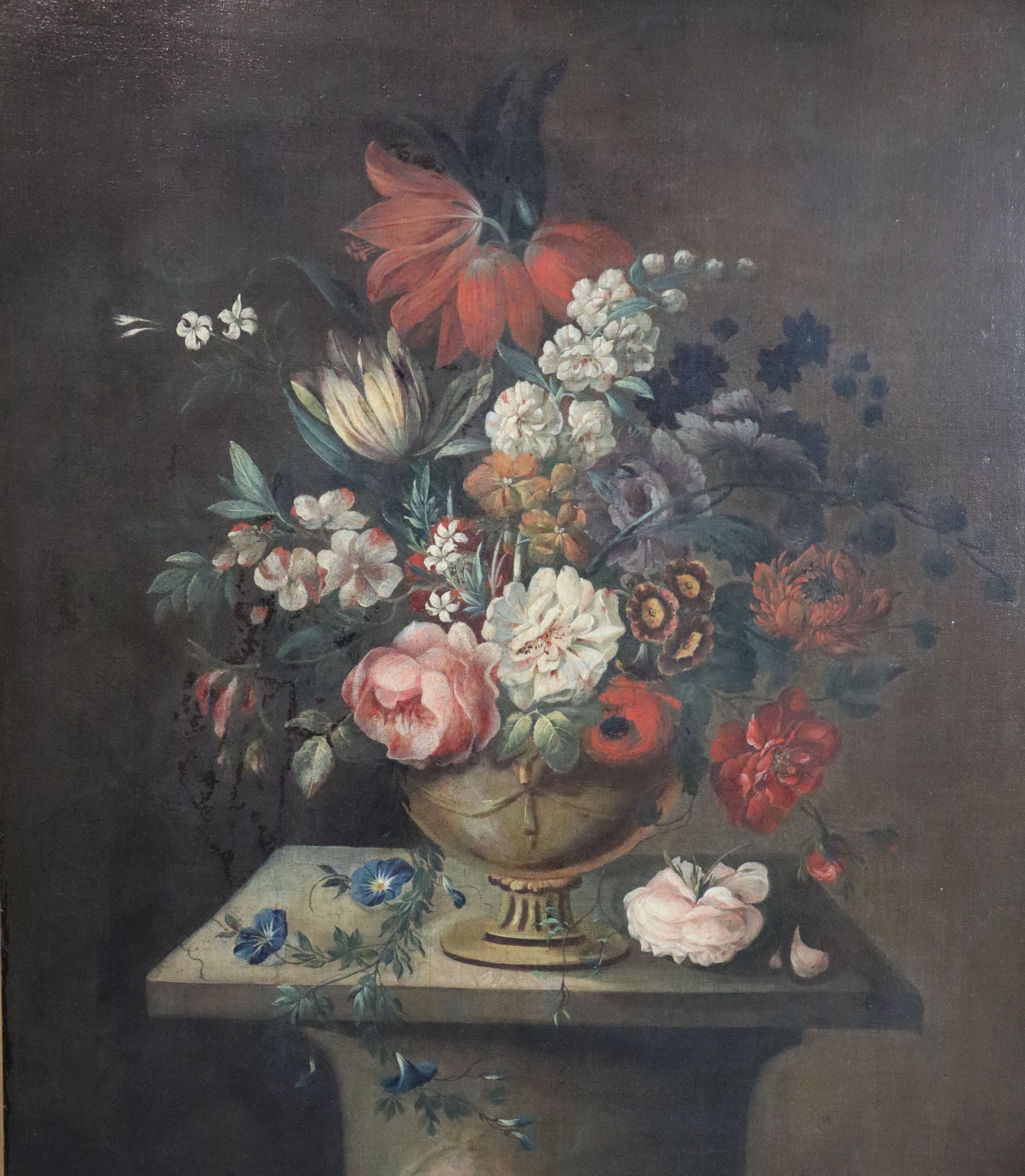 Dutch School (17th century) Still life of a flowers in an urn upon a pedestal 25.5 x 21.5in.